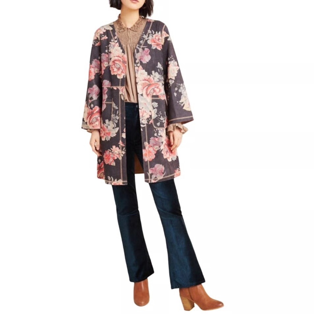 Anthropologie Monarc Emilie Faux‑Suede Floral Kimono Jacket Fall Women's M